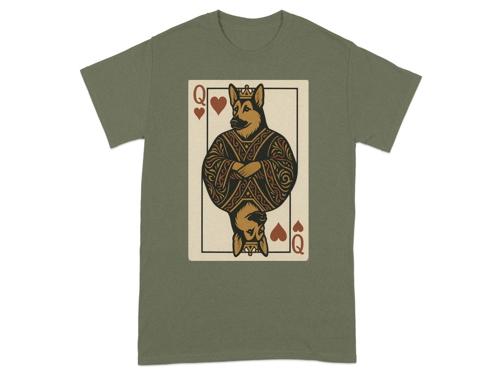 German Shepherd Queen of Hearts playing card design on an olive green t-shirt.
