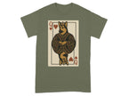 German Shepherd Queen of Hearts playing card design on an olive green t-shirt.