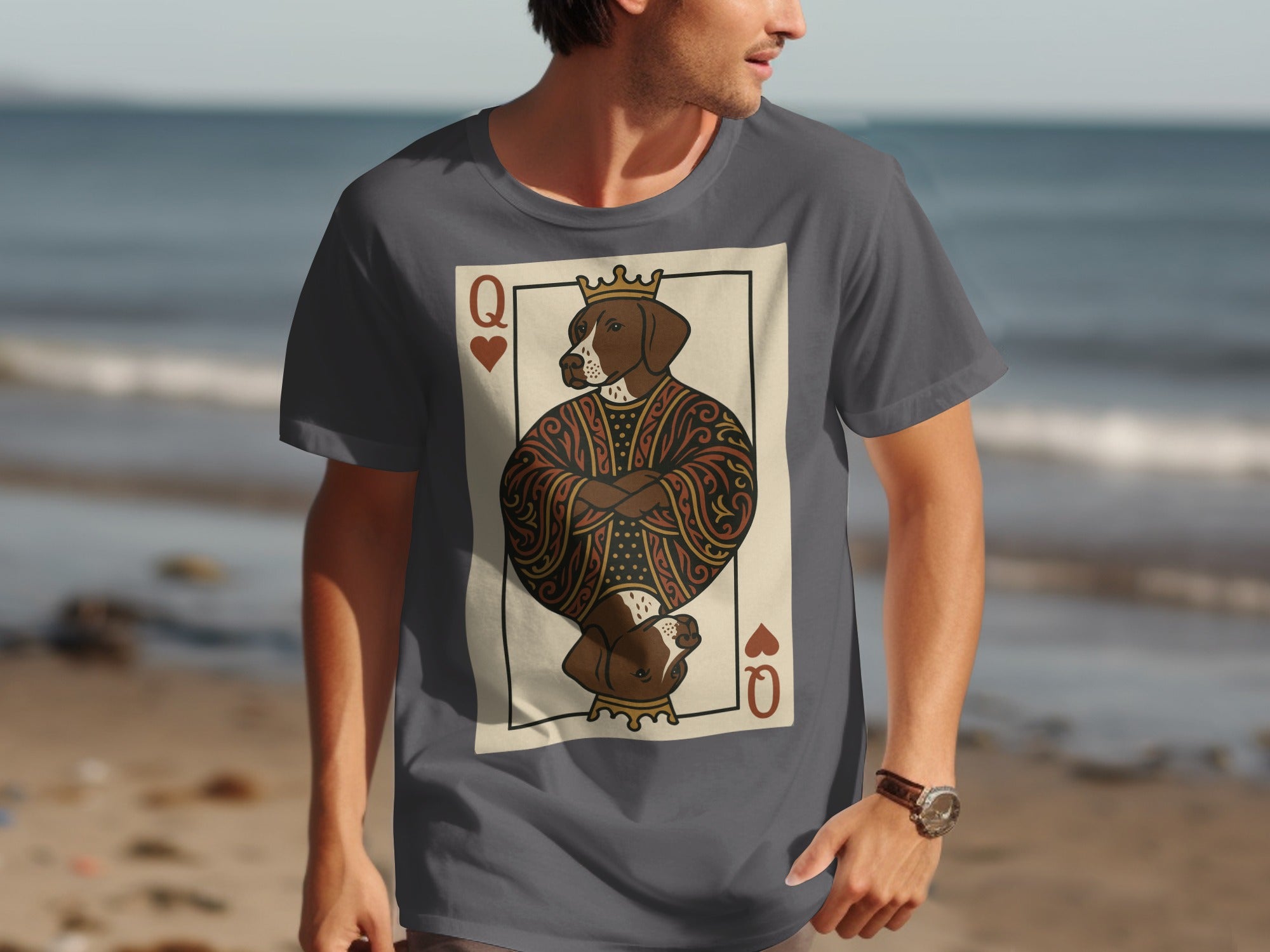 Dog as queen of hearts on playing card, front of t-shirt.