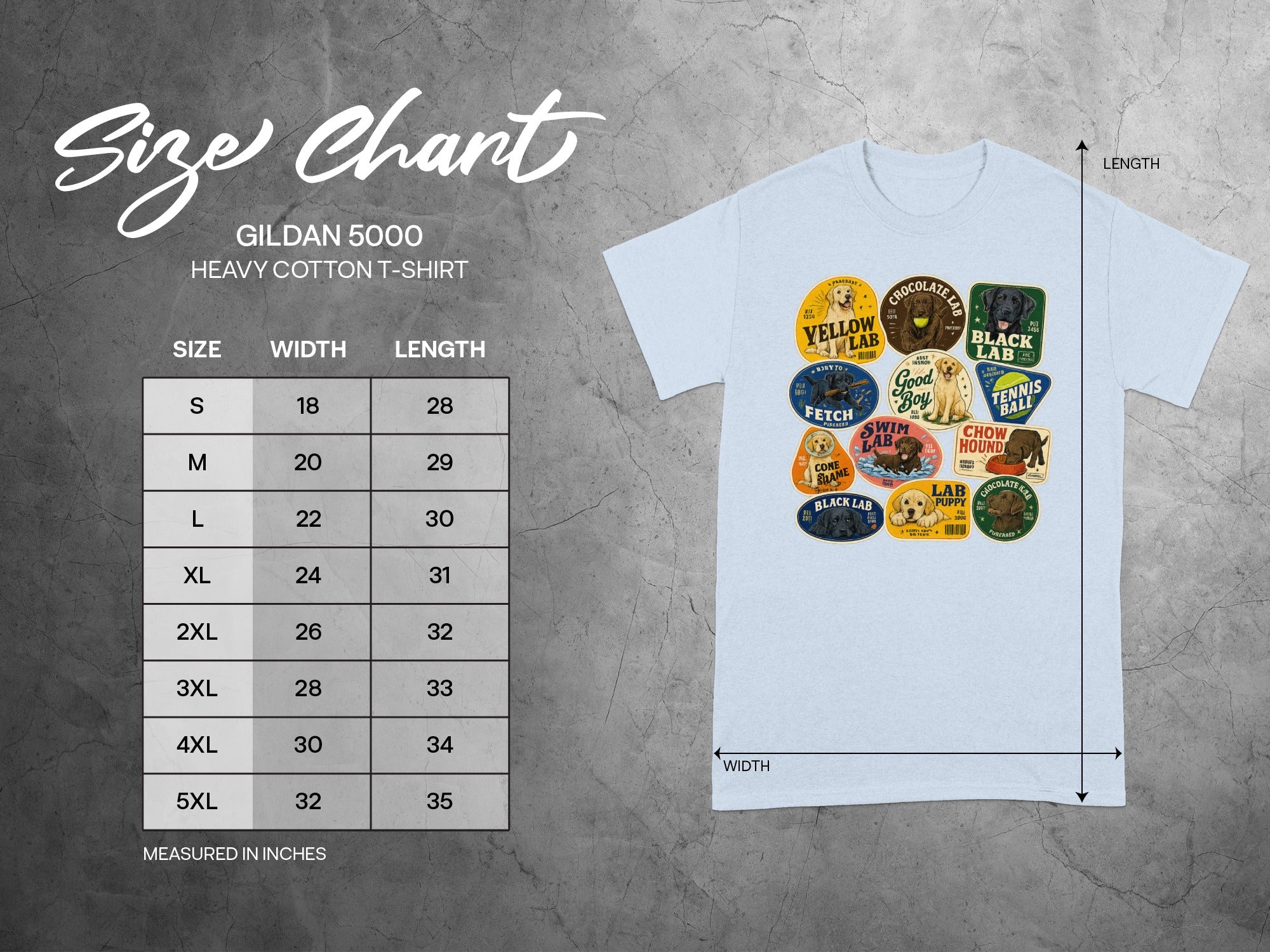 Gildan 5000 Heavy Cotton T-Shirt size chart with measurements in inches.