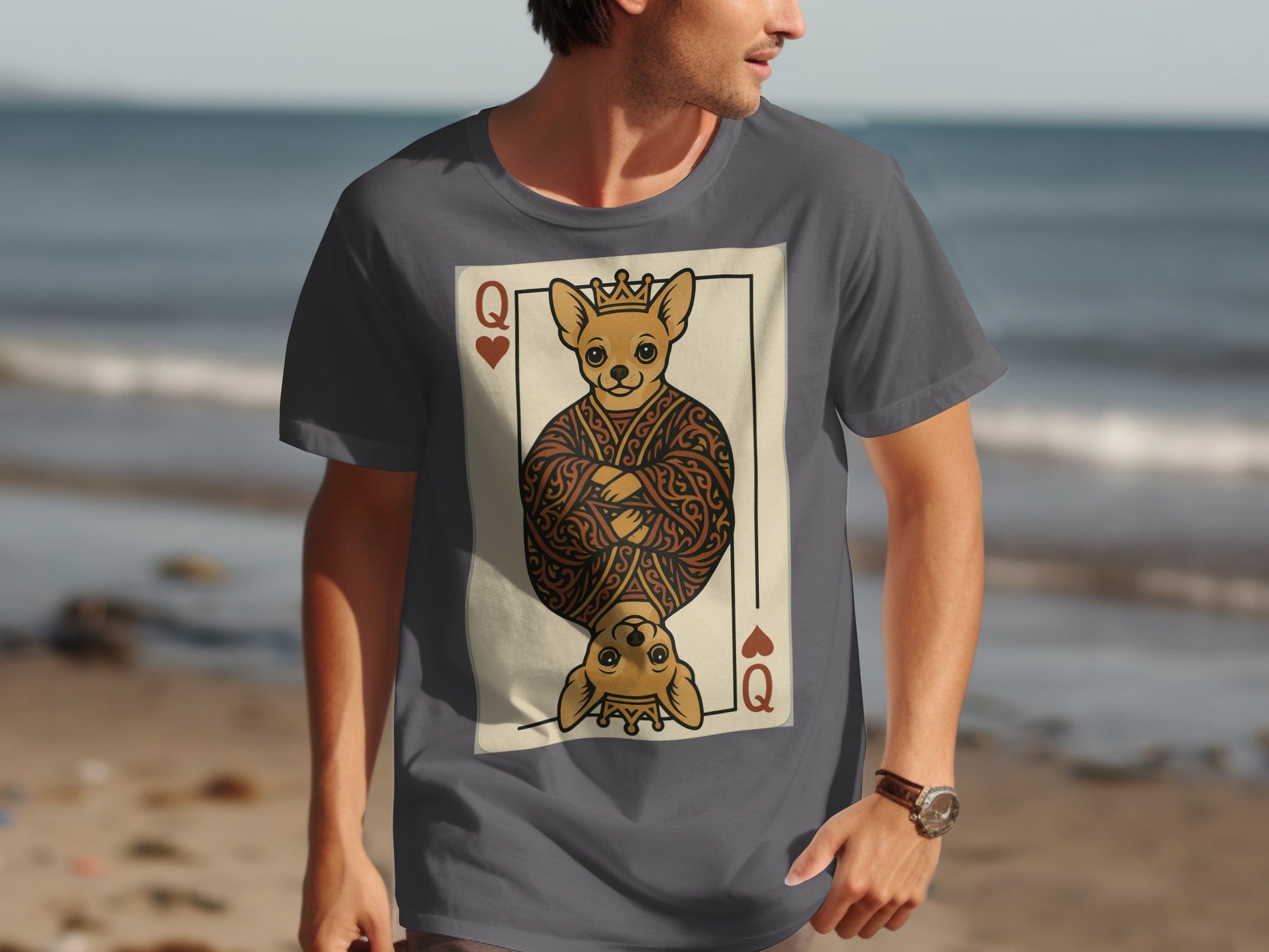 T-shirt design featuring a Queen of Hearts playing card with a chihuahua in royal attire.