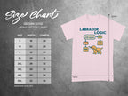 Gildan 5000 t-shirt size chart with Labrador Logic graphic.