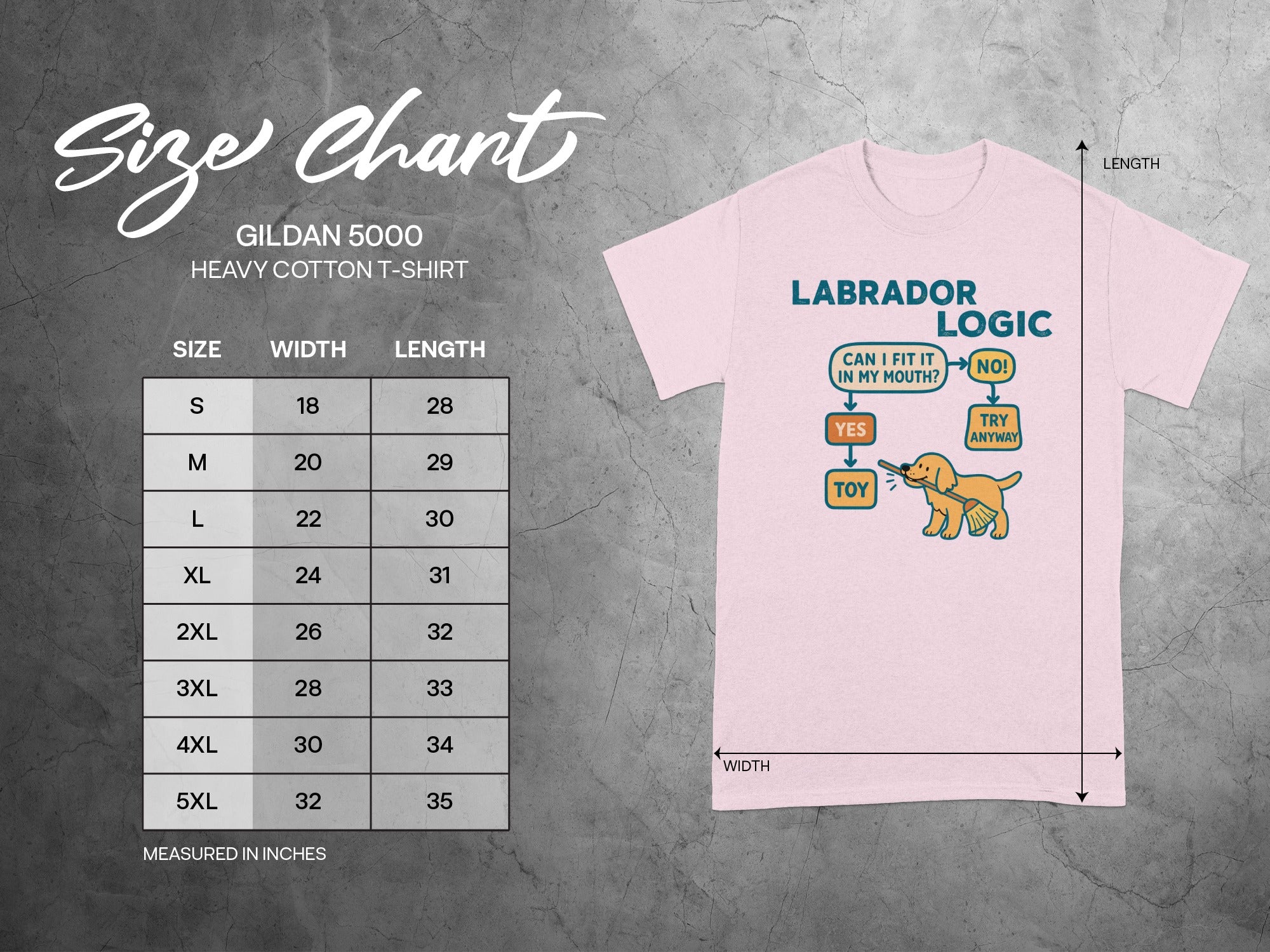 Gildan 5000 t-shirt size chart with Labrador Logic graphic.
