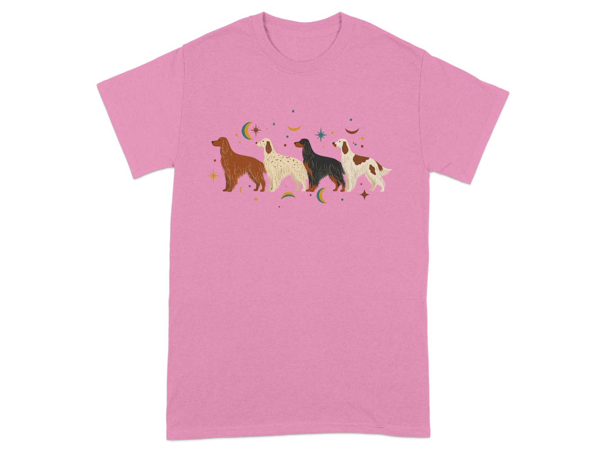 Pink t-shirt with four illustrated dogs and celestial accents.