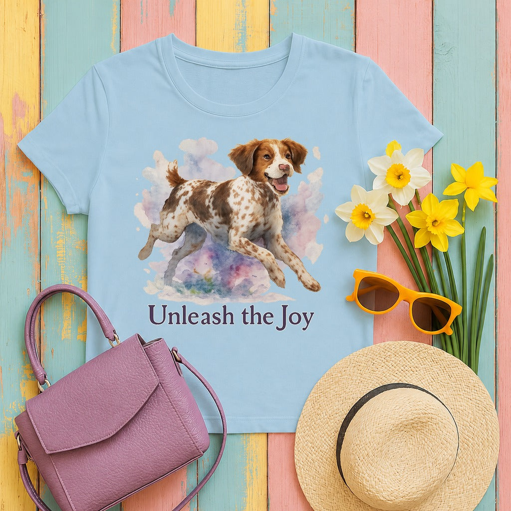 Brittany Spaniel Unleash the Joy T-shirt in Light Blue