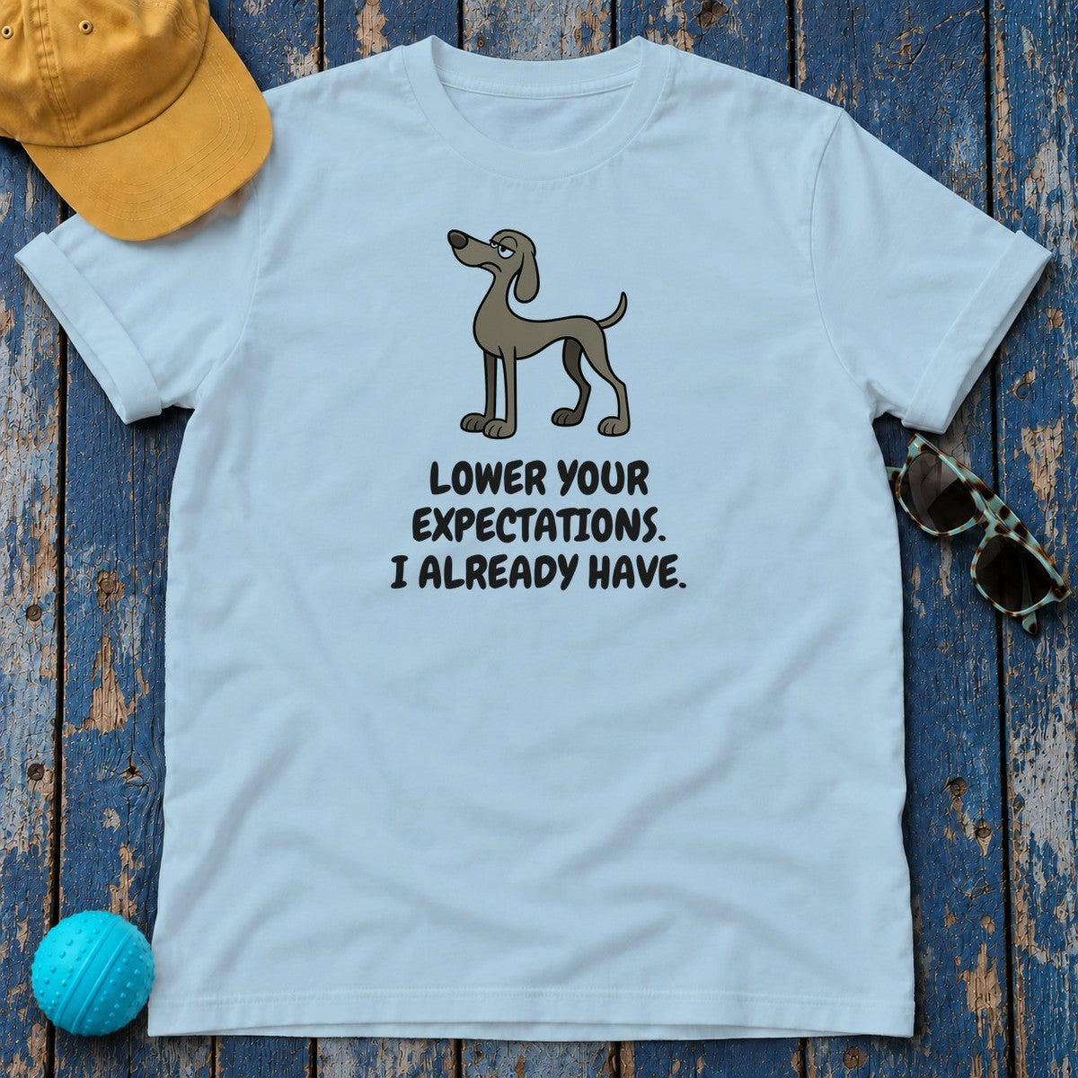 Weimaraner Lower Your Expectations Tee in Light Blue