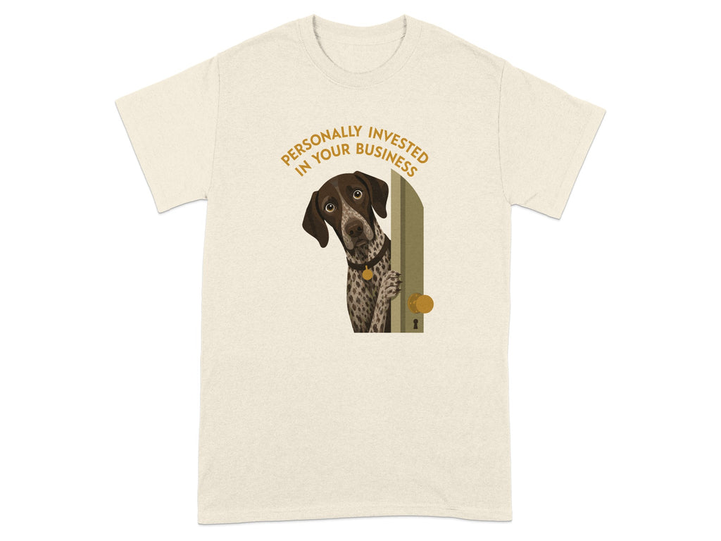 Dog peeking around a door with text "Personally invested in your business".