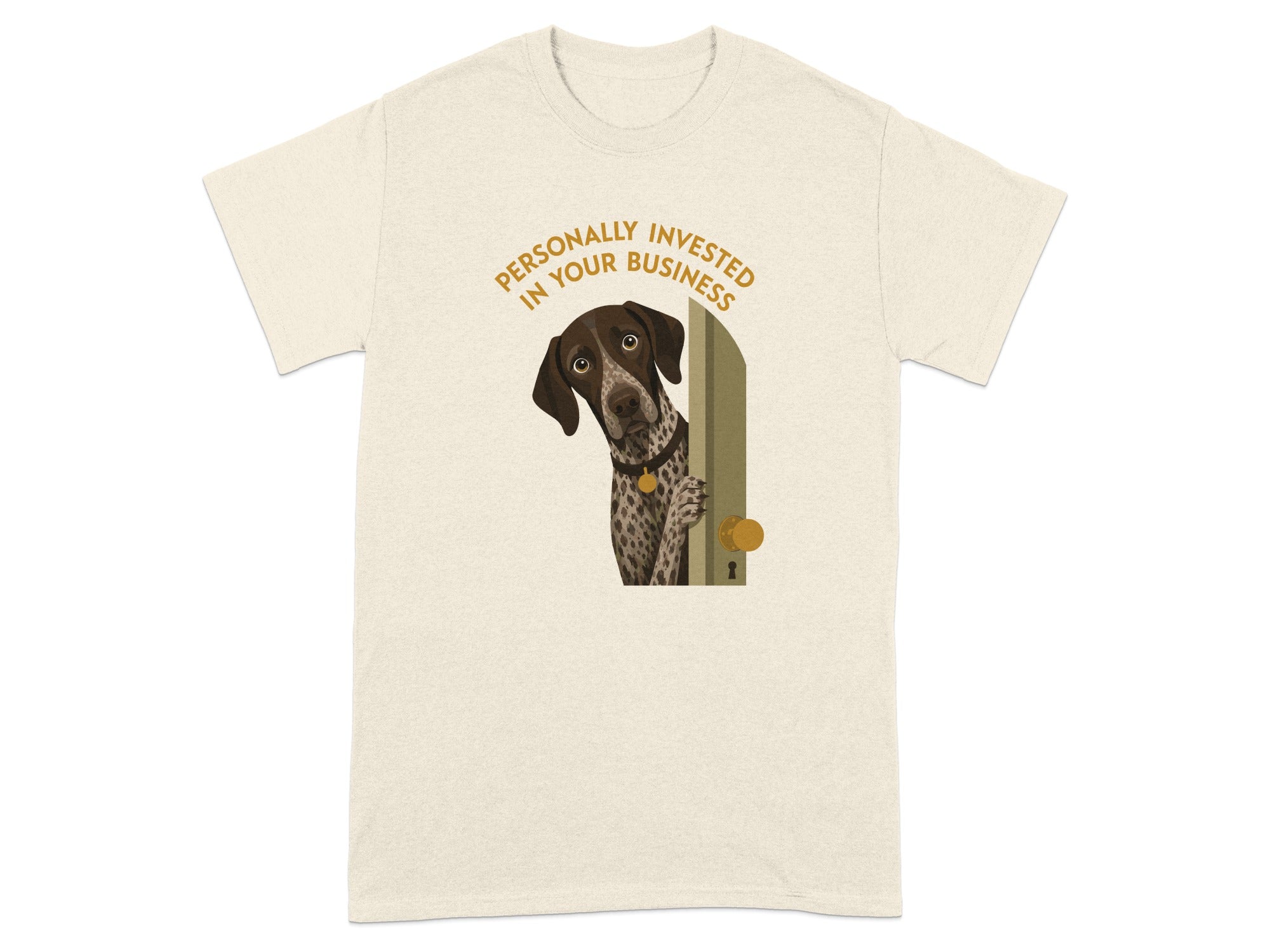 Dog peeking around a door with text "Personally invested in your business".