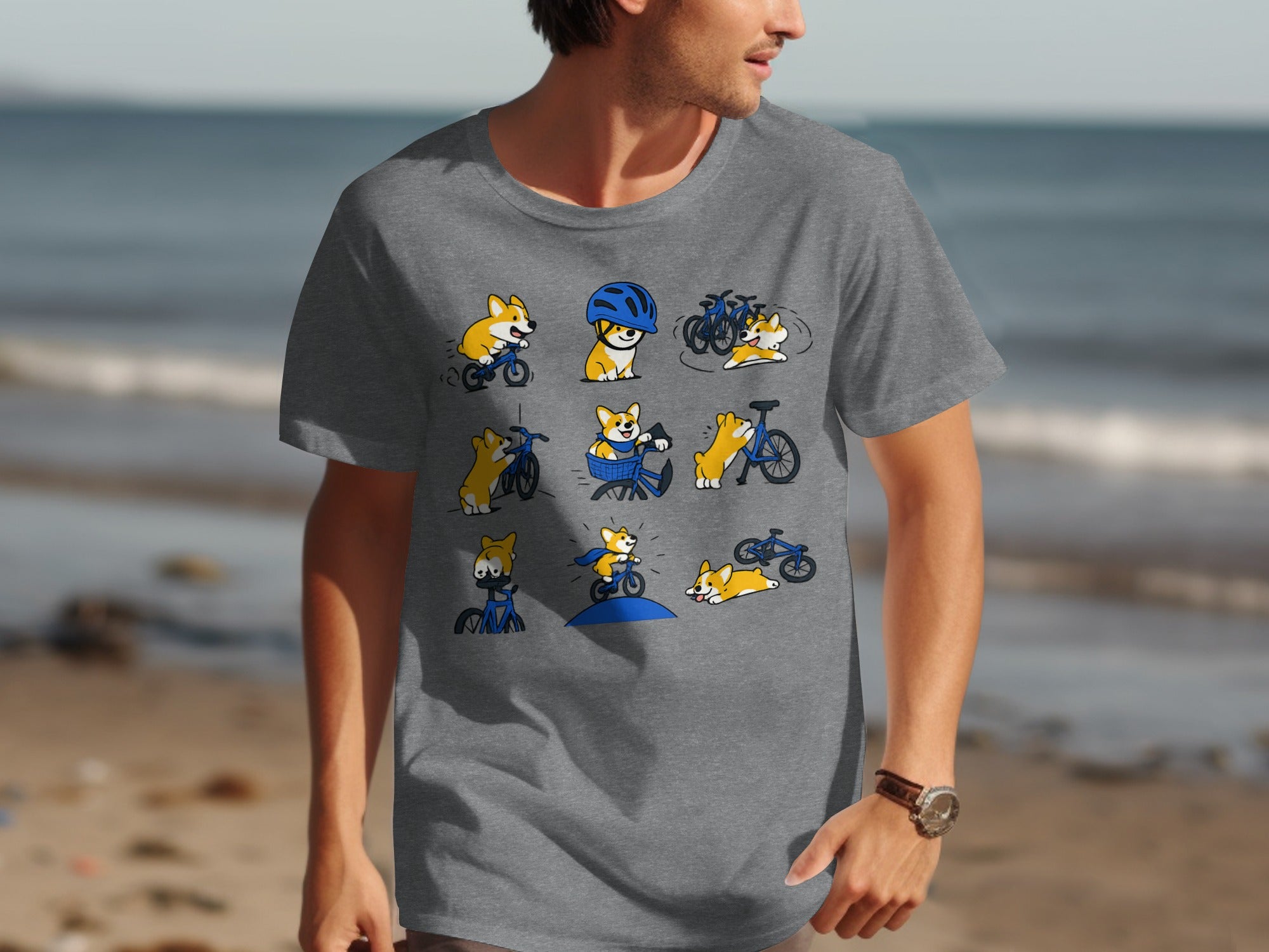 T-shirt with nine illustrations of corgis on bicycles in various playful poses.