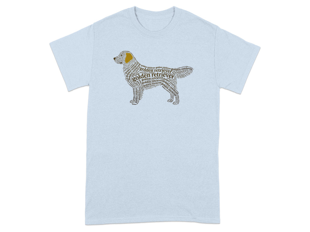Light blue t-shirt with golden retriever silhouette made of text.