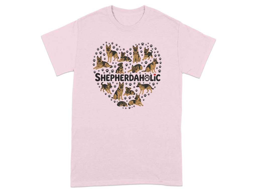 T-shirt with heart-shaped collage of German Shepherd dogs and text "SHEPHERDAHOLIC".