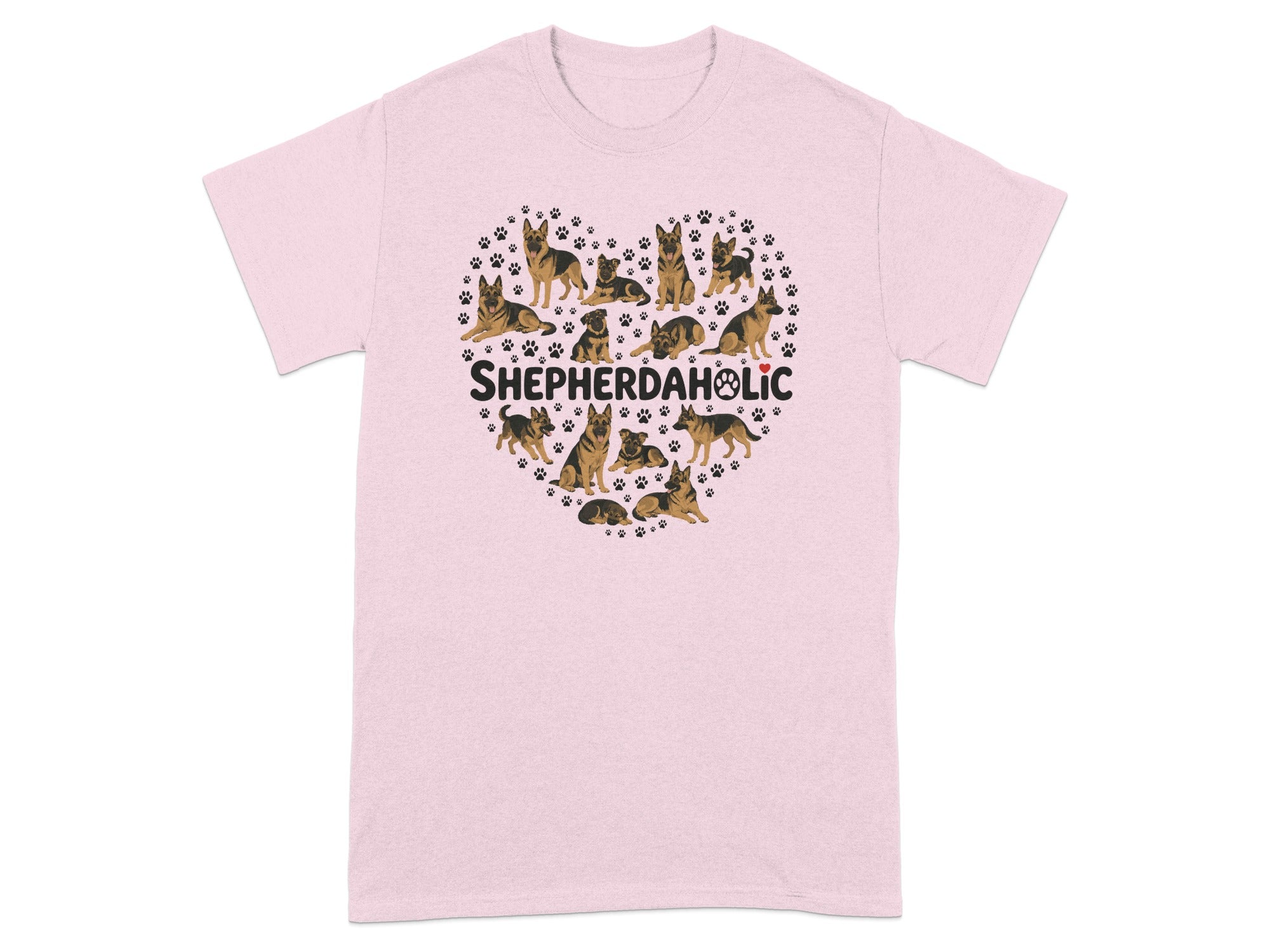 T-shirt with heart-shaped collage of German Shepherd dogs and text "SHEPHERDAHOLIC".