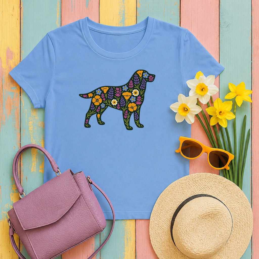 Floral Labrador Retriever Design Dog Lover Style Graphic Design T-Shirt in Carolina Blue