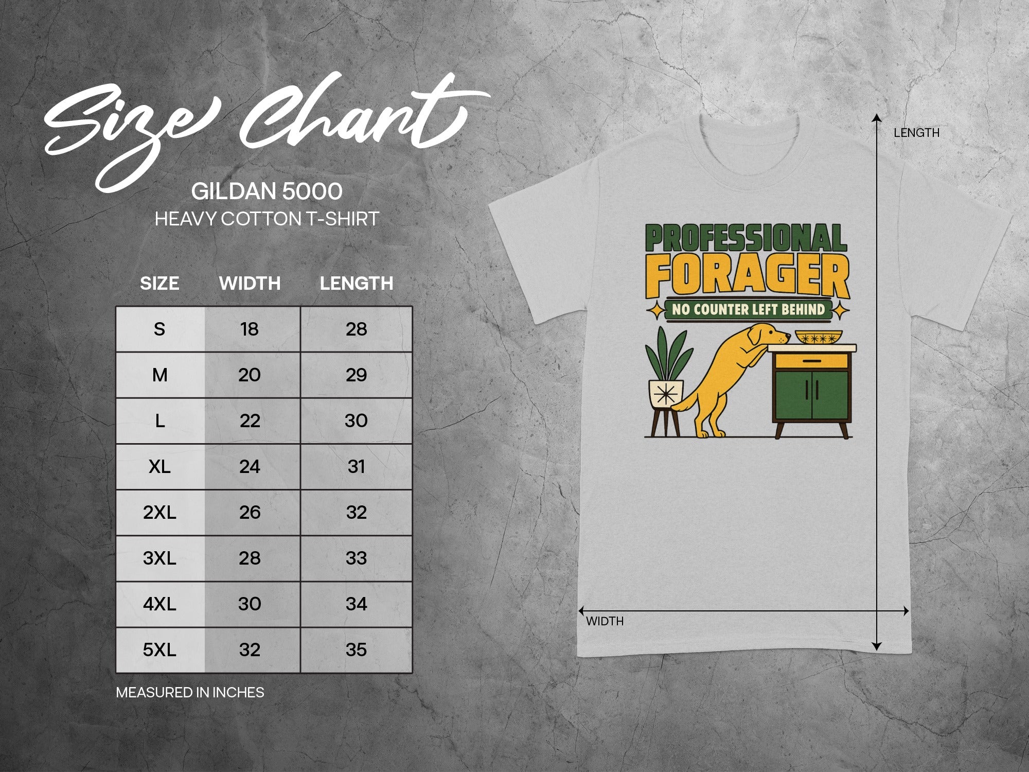 Gildan 5000 size chart with t-shirt graphic showing a forager.