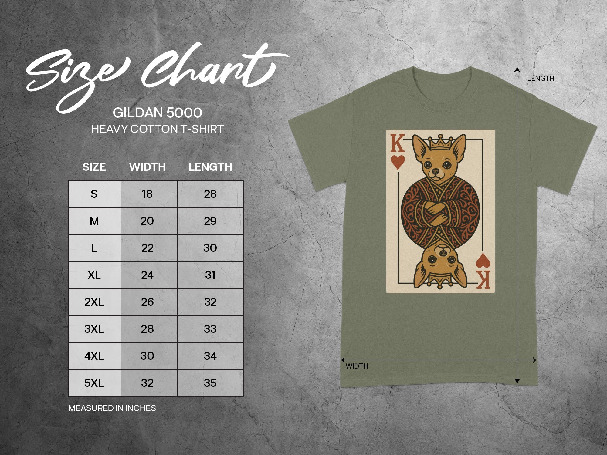 Gildan 5000 t-shirt size chart with dog king graphic and measurements in inches.