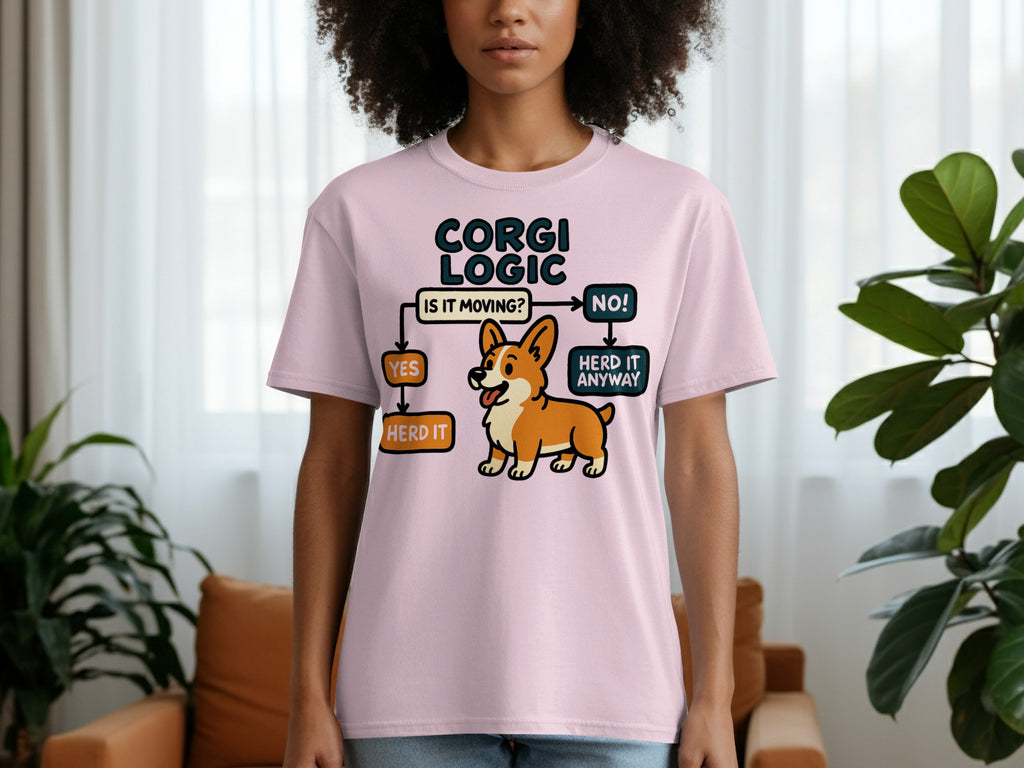 Pink t-shirt with "Corgi Logic" flowchart featuring a corgi, "Is it moving?" question.