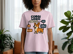 Pink t-shirt with "Corgi Logic" flowchart featuring a corgi, "Is it moving?" question.