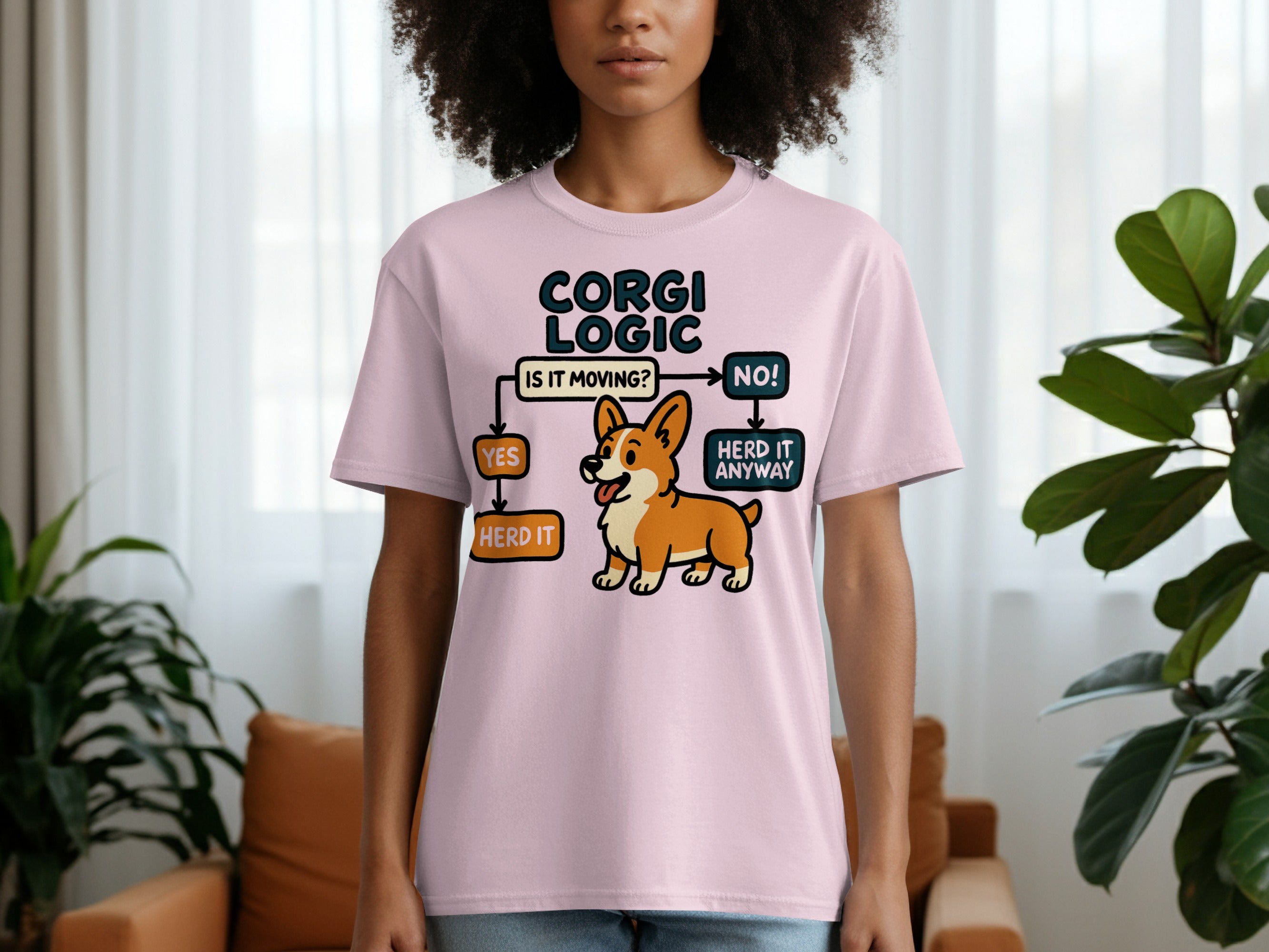 Pink t-shirt with "Corgi Logic" flowchart featuring a corgi, "Is it moving?" question.