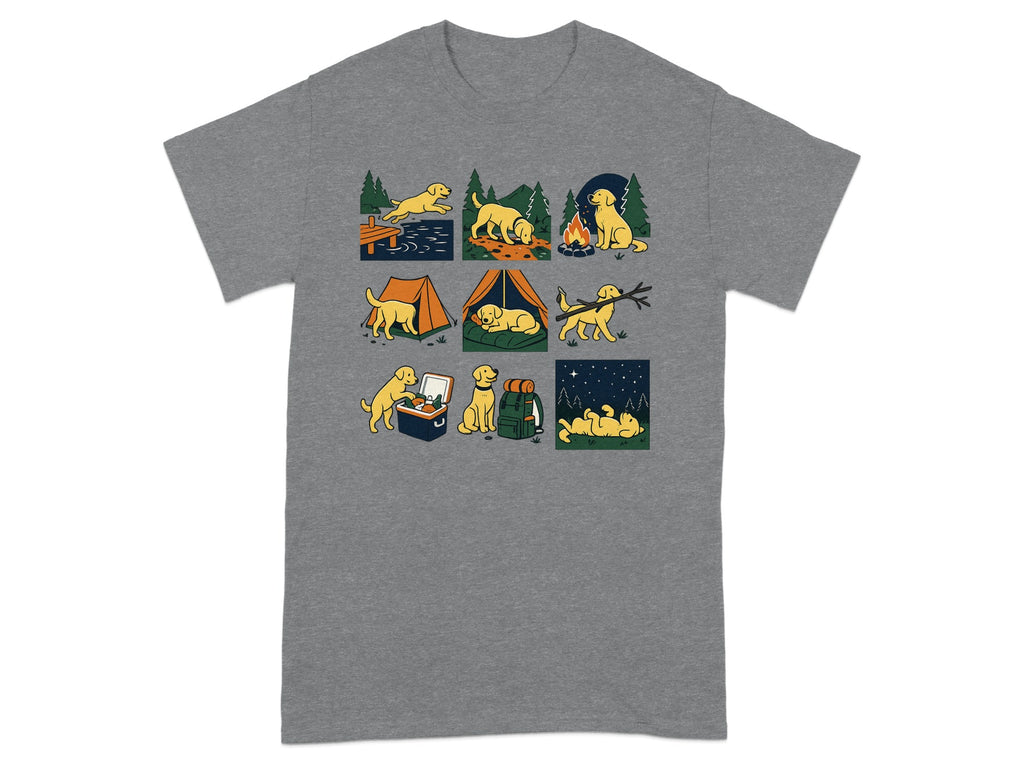 Illustration of yellow dogs engaging in various camping activities.