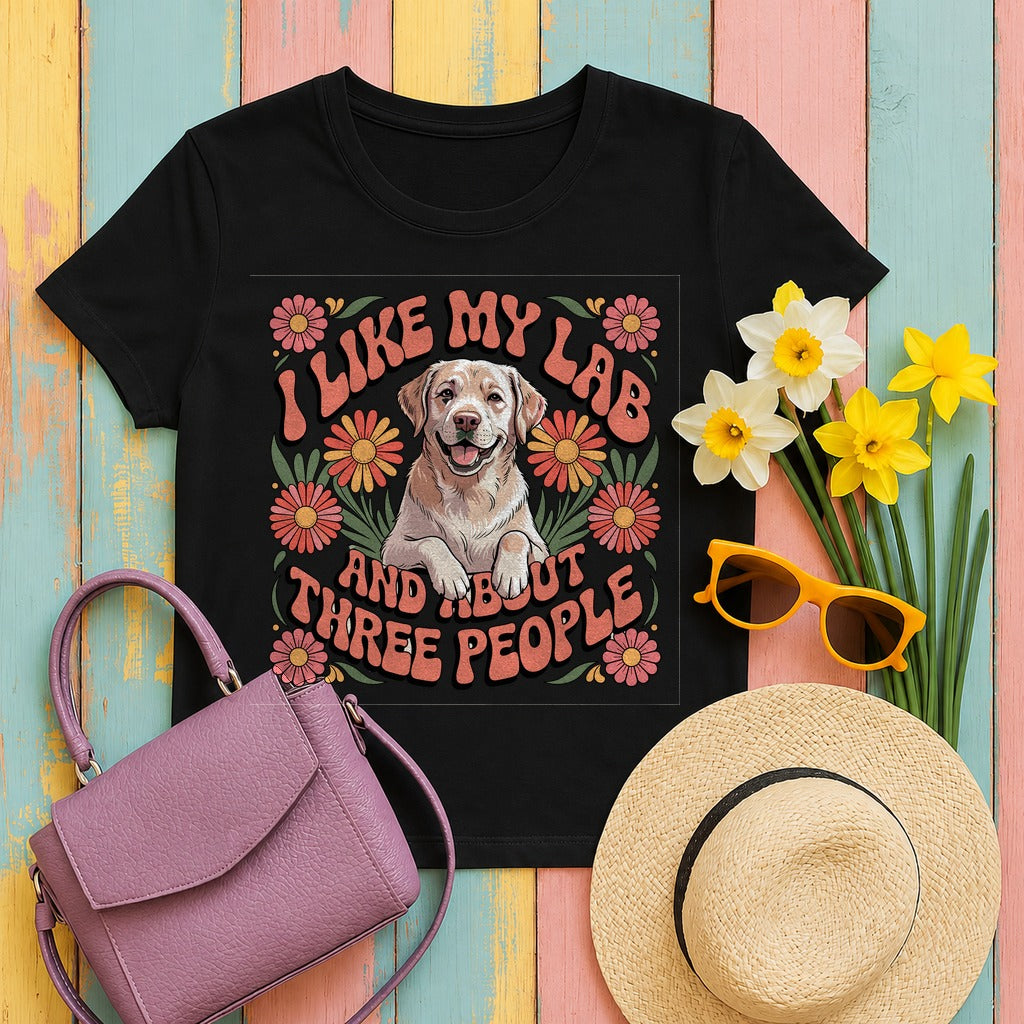 I Like My Lab And About Three People Flower Design T-Shirt in Black