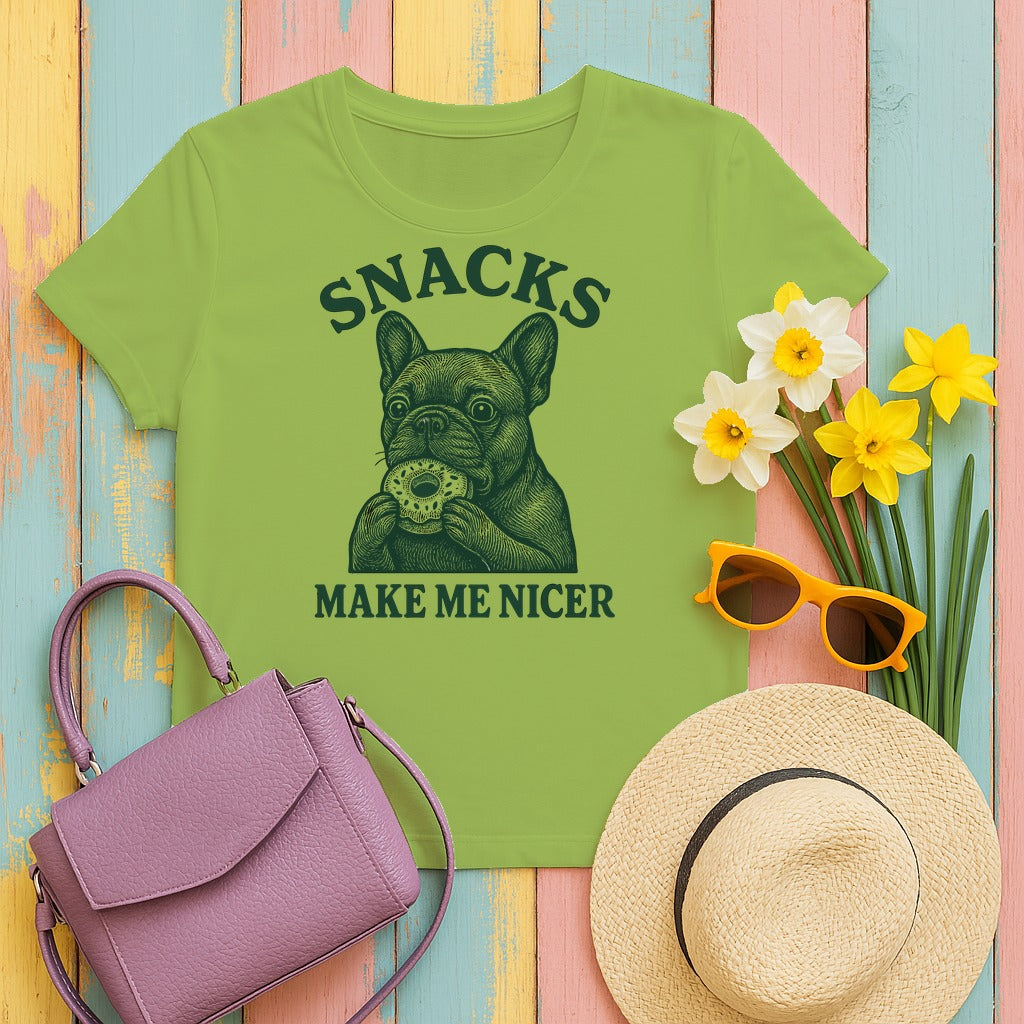 Snacks Make Me Nicer French Bulldog Lover Donut T-Shirt in Kiwi