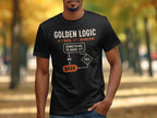 Black t-shirt with "Golden Logic" flowchart about barking.