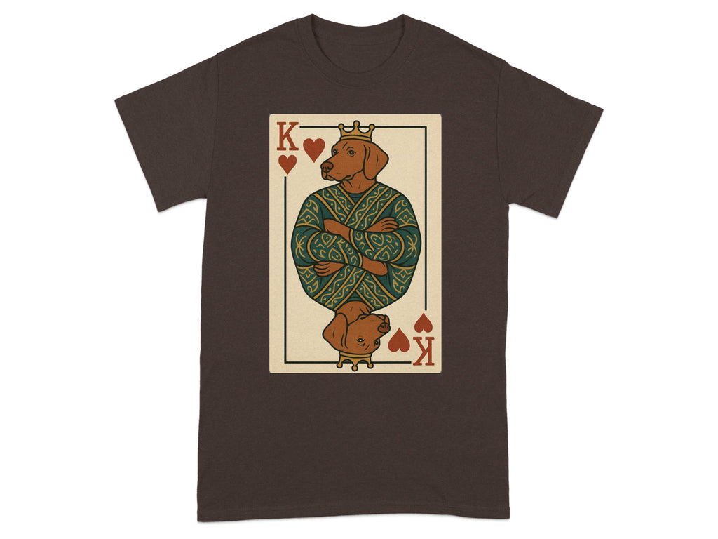 Brown t-shirt with King of Hearts playing card featuring a dog wearing a crown and ornate robe.