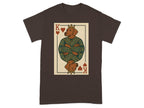 Brown t-shirt with King of Hearts playing card featuring a dog wearing a crown and ornate robe.