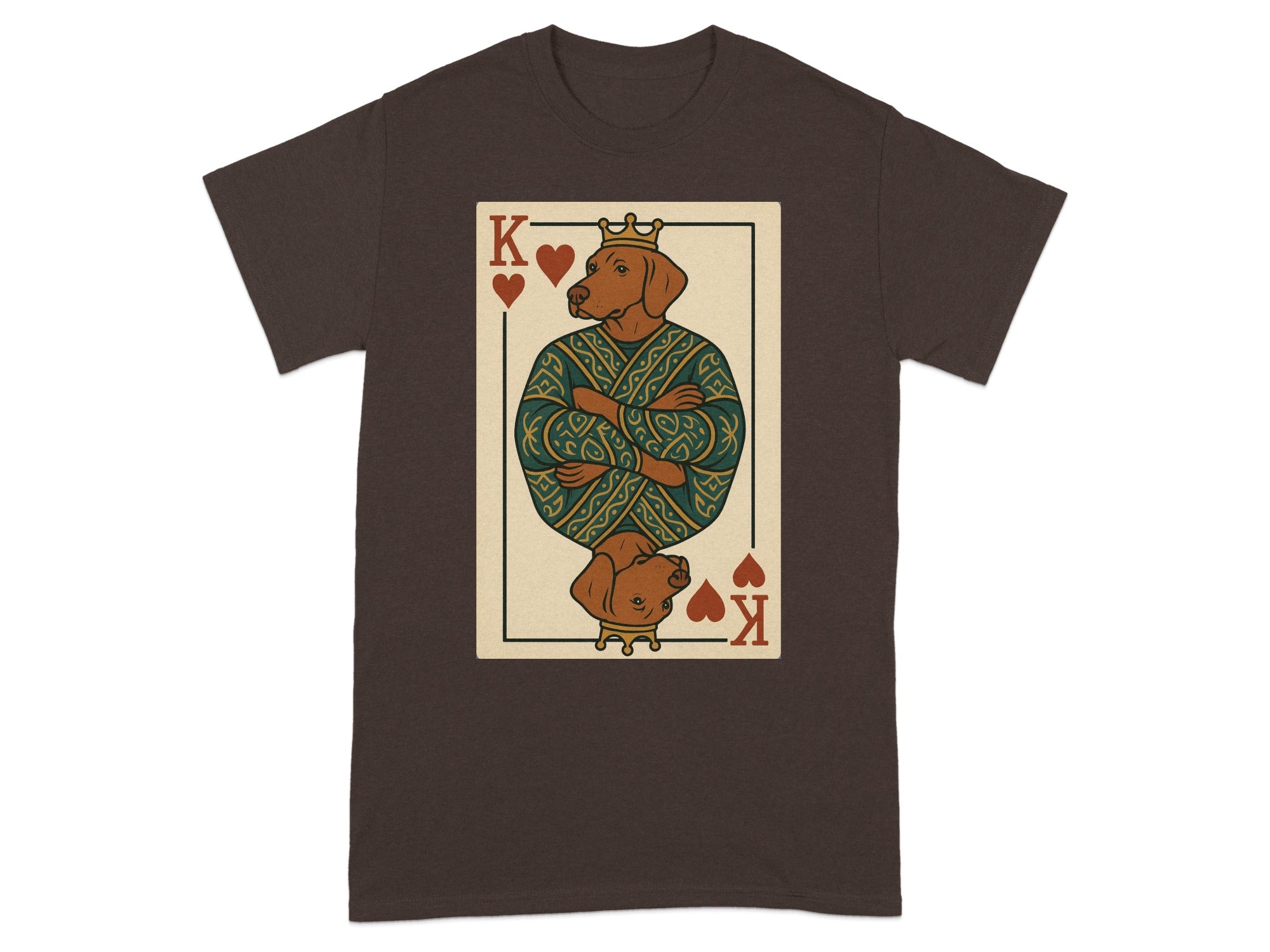 Brown t-shirt with King of Hearts playing card featuring a dog wearing a crown and ornate robe.