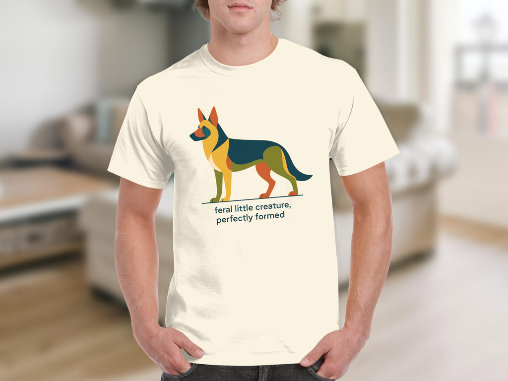 Cream t-shirt with geometric German Shepherd design and text.