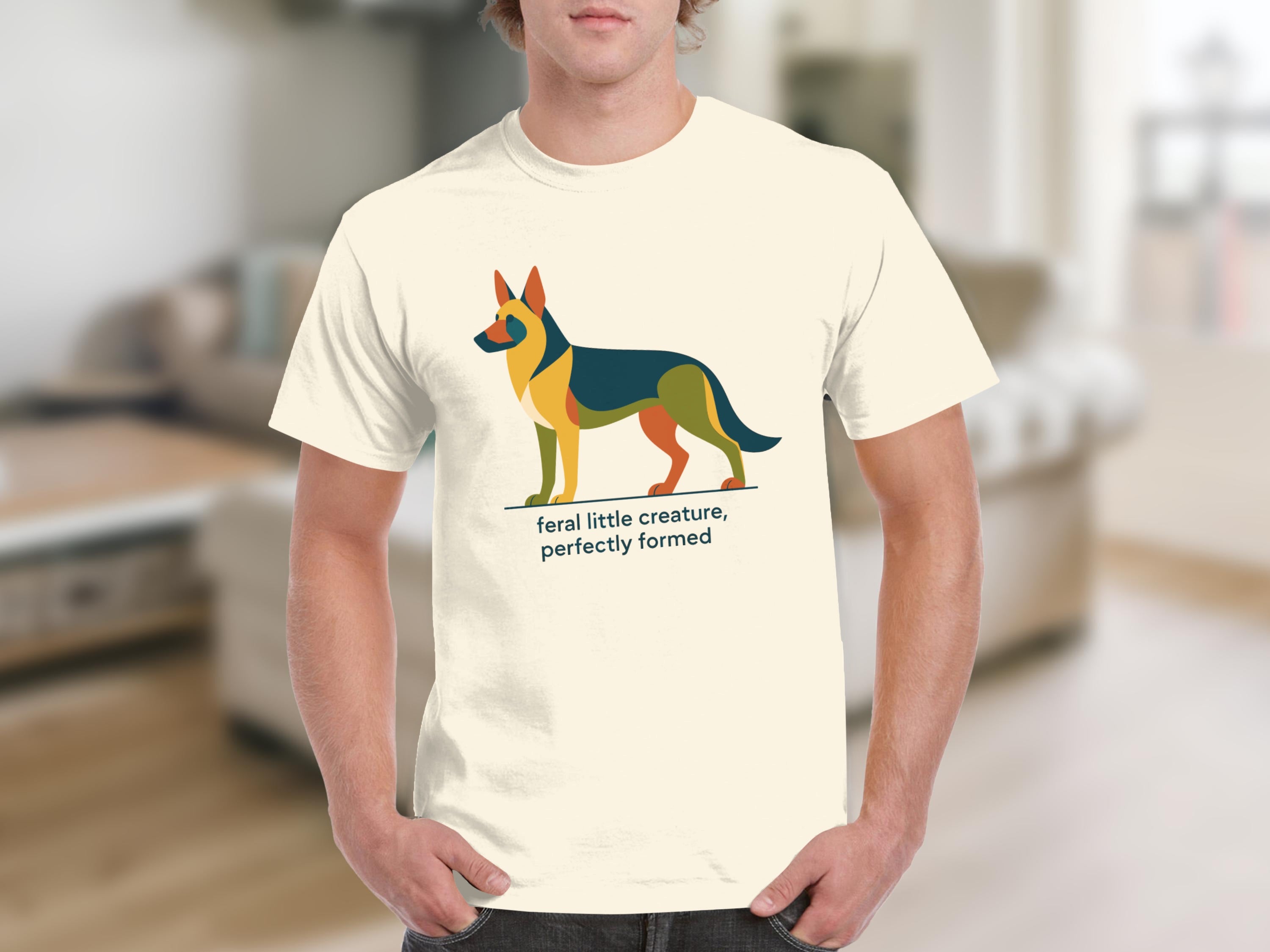 Cream t-shirt with geometric German Shepherd design and text.