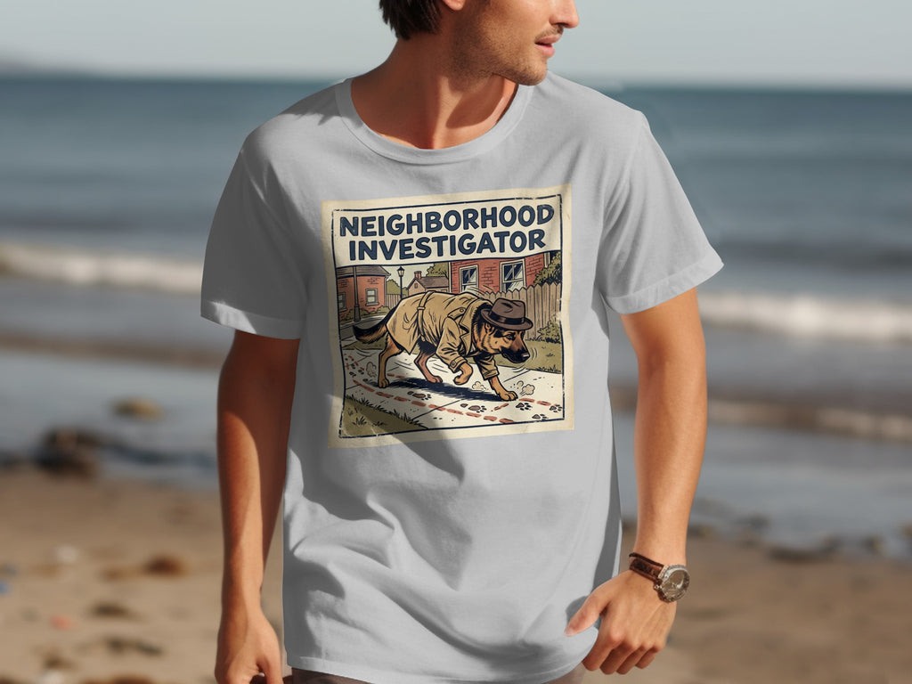 T-shirt graphic: dog in trench coat and hat as a "NEIGHBORHOOD INVESTIGATOR".