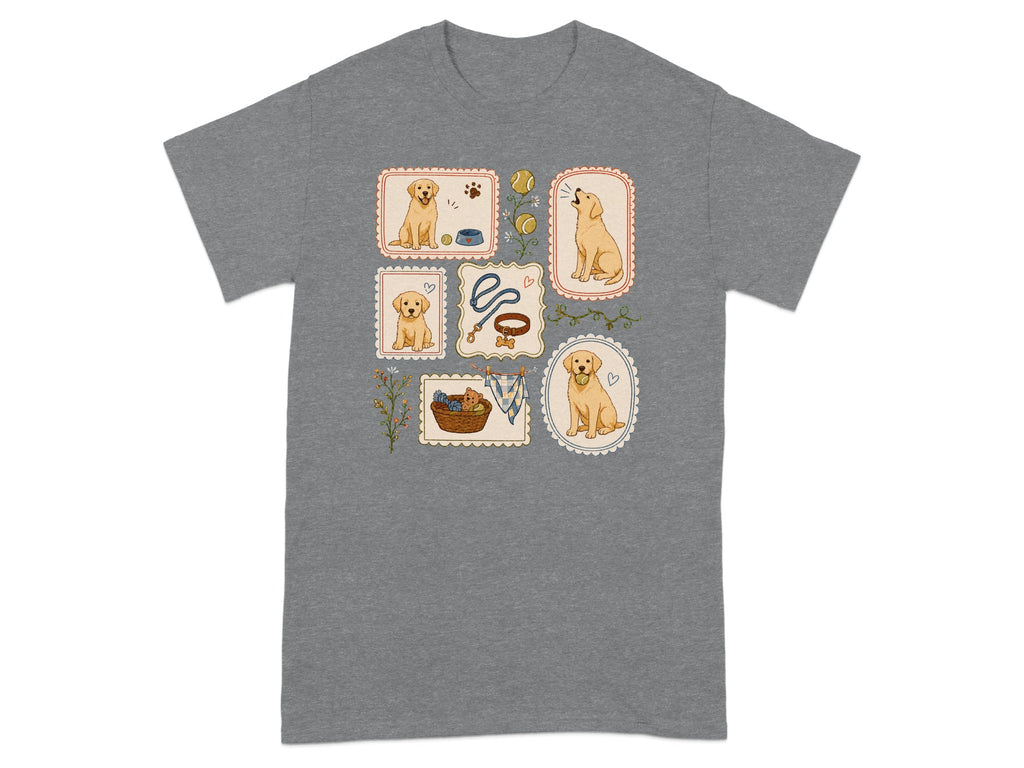 T-shirt with postage stamps featuring Labrador puppies and dog accessories.