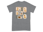 T-shirt with postage stamps featuring Labrador puppies and dog accessories.