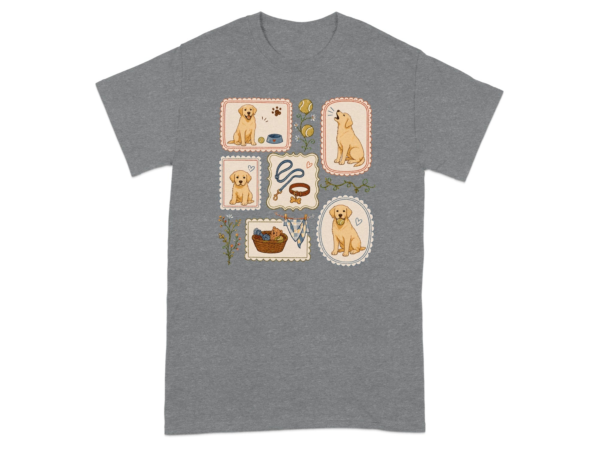 T-shirt with postage stamps featuring Labrador puppies and dog accessories.