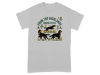 Gordon Setter dogs and thistles graphic on a gray t-shirt.