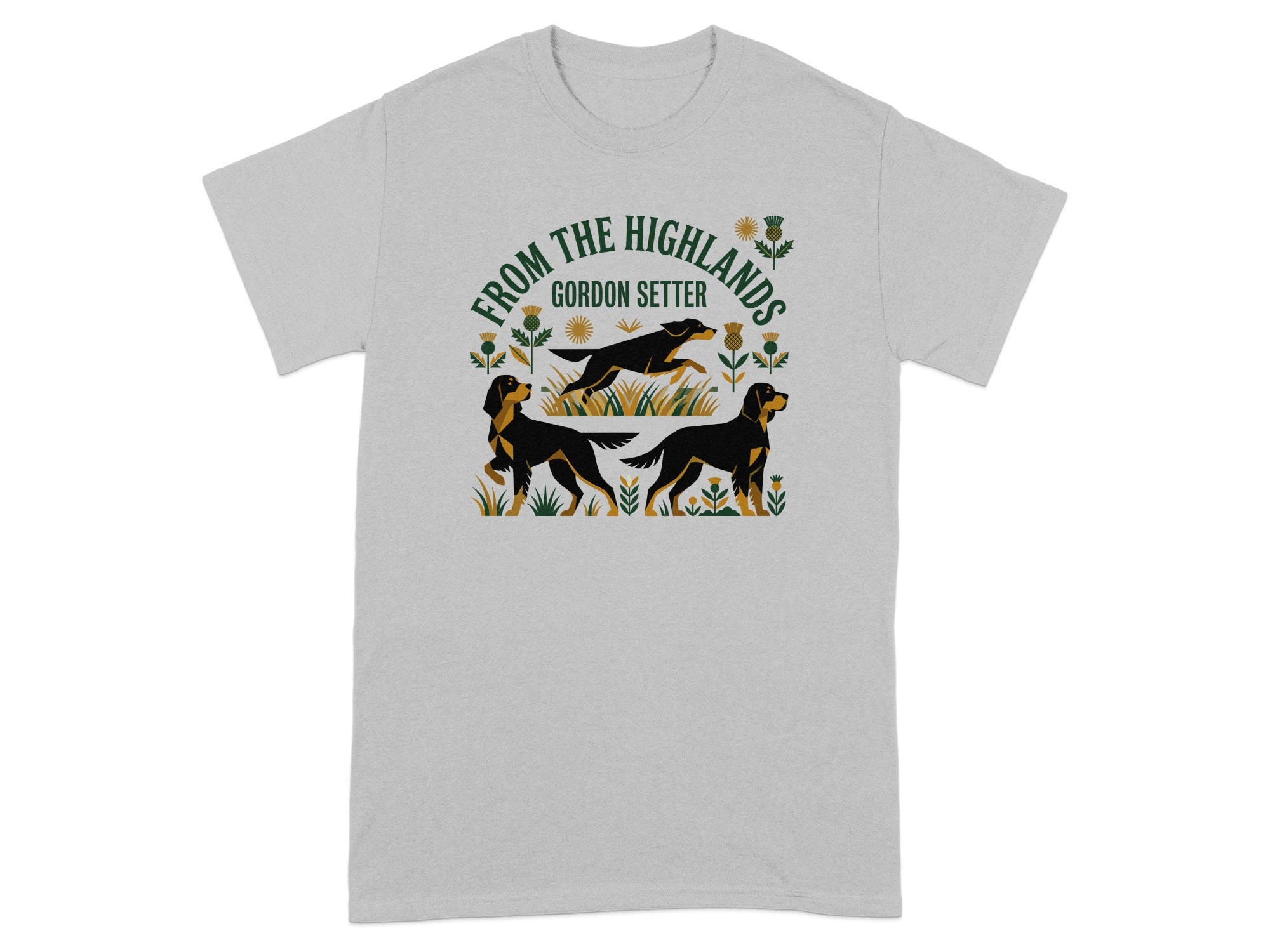 Gordon Setter dogs and thistles graphic on a gray t-shirt.