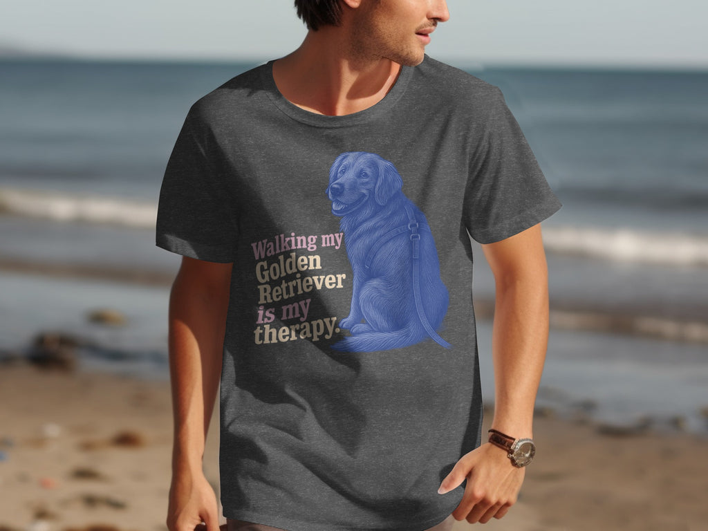 Dark grey t-shirt with blue Golden Retriever graphic and text saying "Walking my Golden Retriever is my therapy."