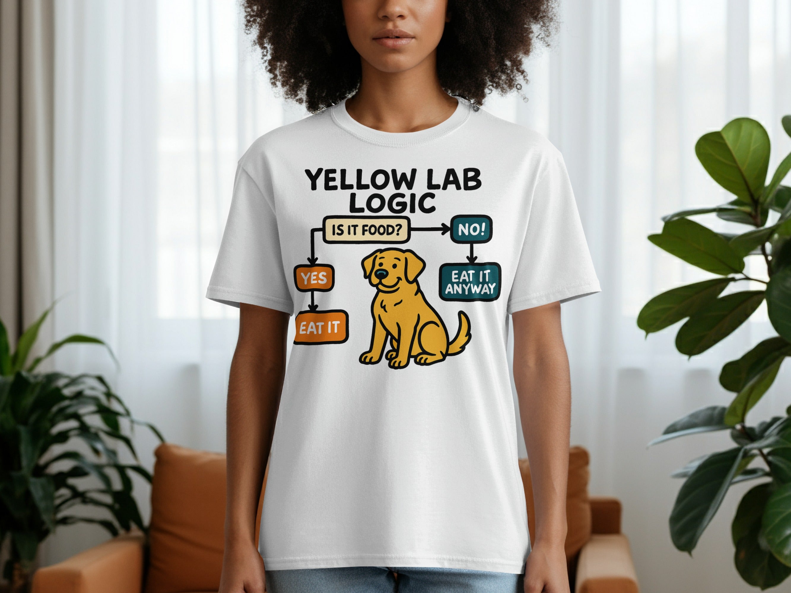 White t-shirt with yellow lab logic flowchart: "Is it food?" YES: Eat it. NO: Eat it anyway.