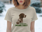 Tan t-shirt with a dog graphic and "Touching You For Emotional Stability" text.