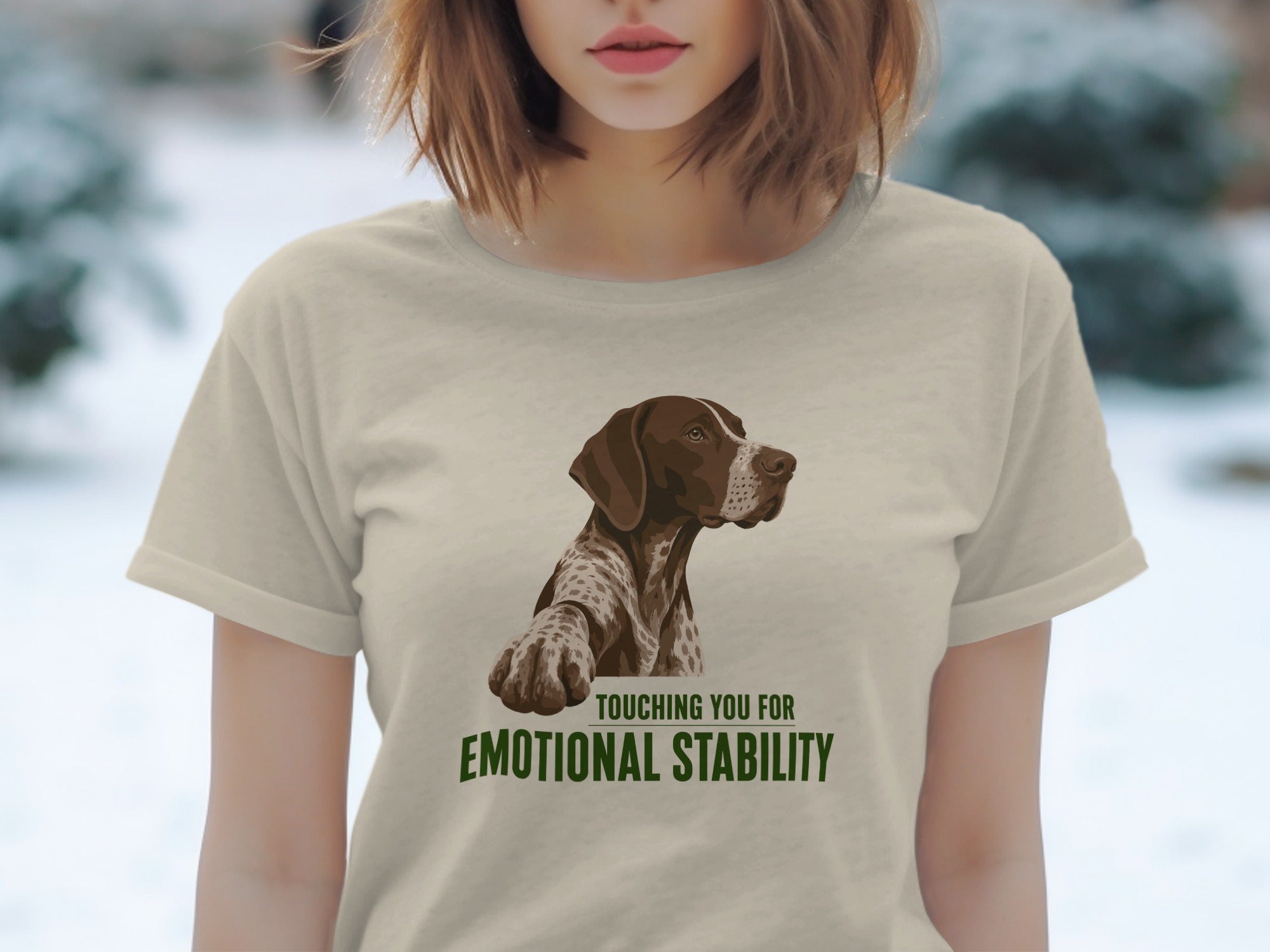 Tan t-shirt with a dog graphic and "Touching You For Emotional Stability" text.