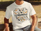 White t-shirt with a heart shape filled with corgi dog illustrations and the text "CORGAHOLIC".