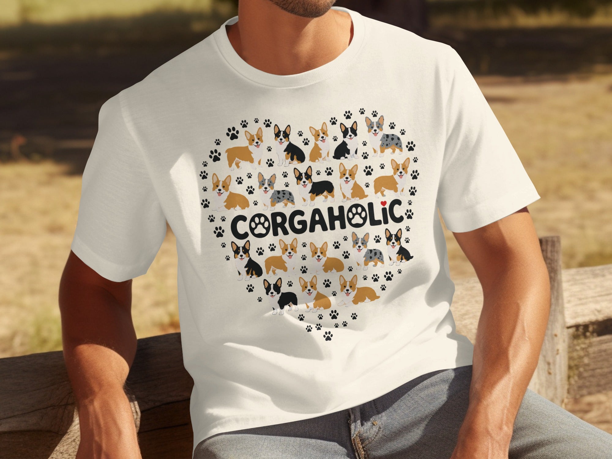White t-shirt with a heart shape filled with corgi dog illustrations and the text "CORGAHOLIC".
