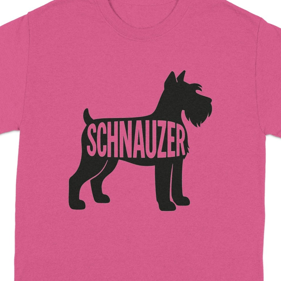 Pink t-shirt with black silhouette of a schnauzer dog and the word "Schnauzer" inside.