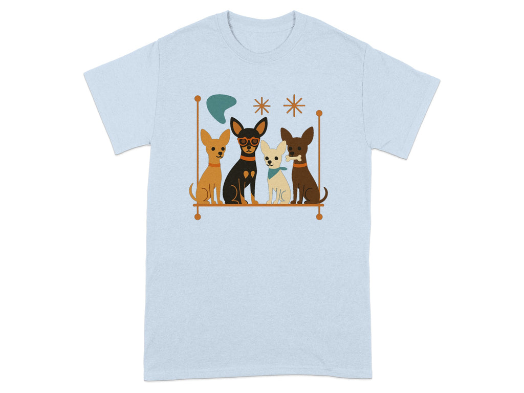 Four cartoon dogs sit on a shelf with decorative elements.