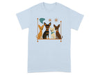Four cartoon dogs sit on a shelf with decorative elements.