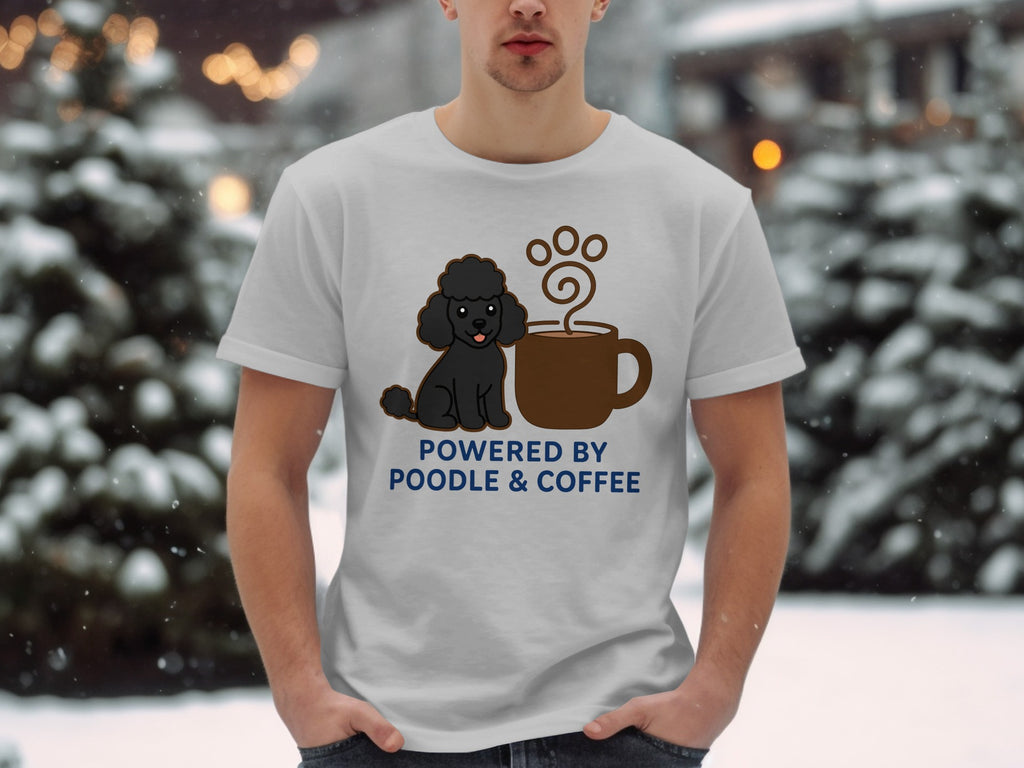 White t-shirt with a poodle and coffee cup graphic and "POWERED BY POODLE & COFFEE" text.