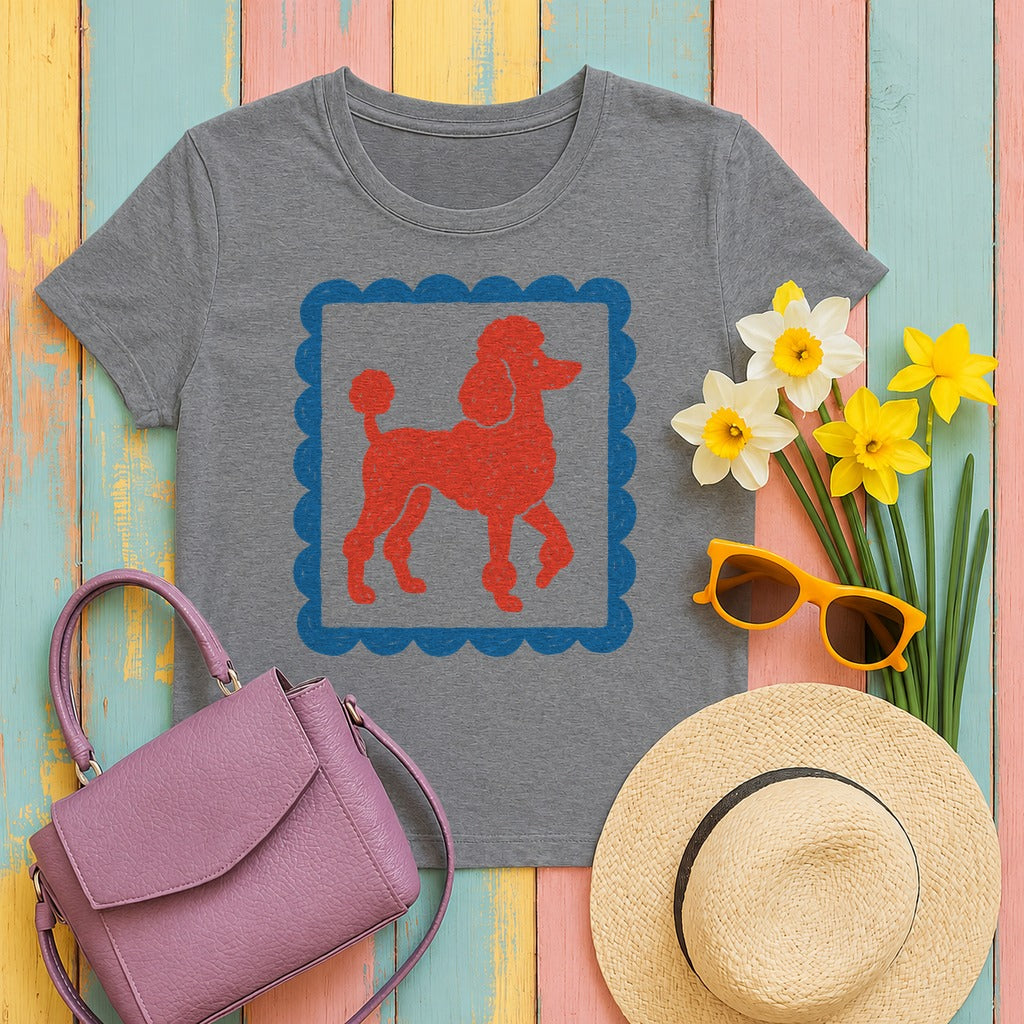 Cute Red Poodle Stamp Style Design in Blue Frame T-Shirt in Graphite Heather