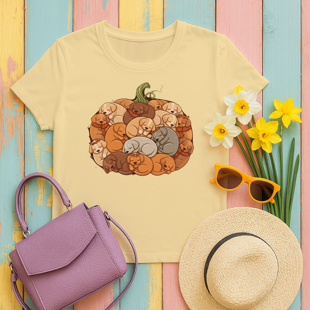Pumpkin Full of Cute Sleeping Puppies Autumn Vibes T-Shirt in Yellow Haze