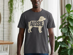Dark grey t-shirt with a silhouette of a dog filled with the word "AUSSIE".